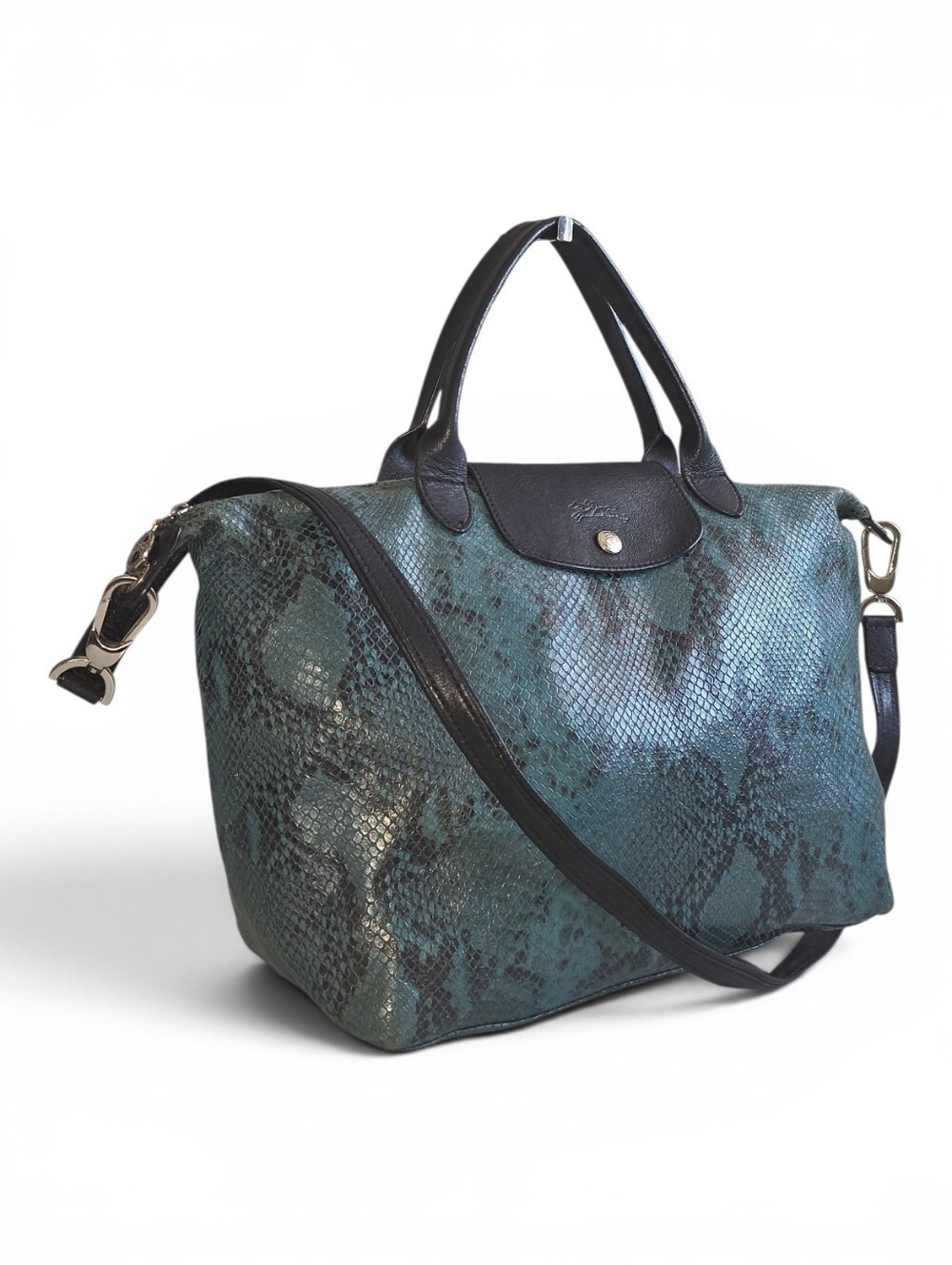Longchamp Teal Le Pliage Python-Print Shoulder Bag with Black Trim